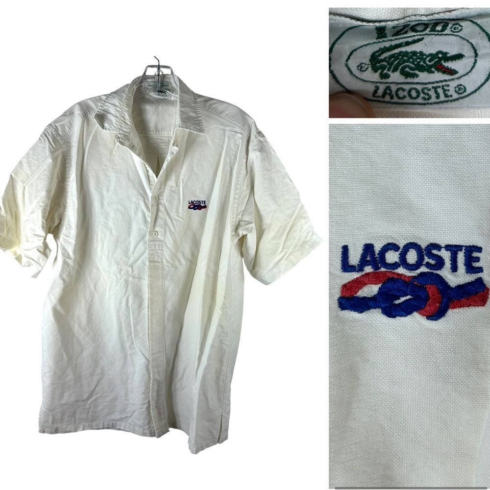 Vintage Izod Lacoste mens button front shirt medium white rope red blue nautical